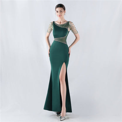 Dress Heavy Embroidery Drilling Give Sheer Mesh High Fork Satin Evening Dress Annual Meeting Wedding