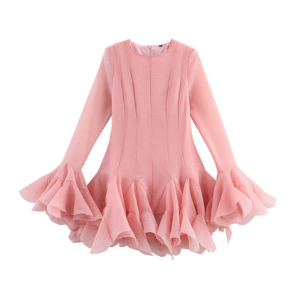 Laminated Ruffled Tulle Tutu Dress Summer Sweet round Neck Flared Sleeves Slim Fit Short Mini Dress