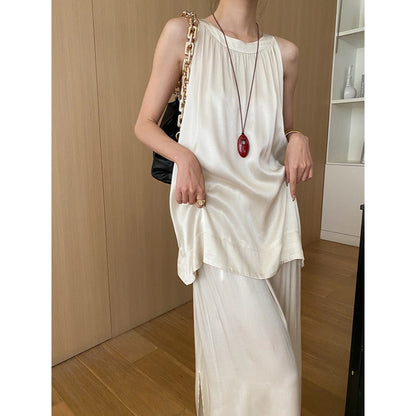 French Draping Satin Rayon A Line Vest Skirt Two Piece Suit