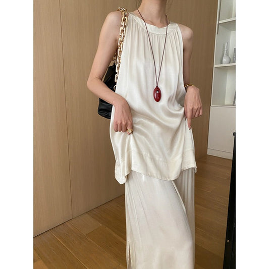 French Draping Satin Rayon A Line Vest Skirt Two Piece Suit