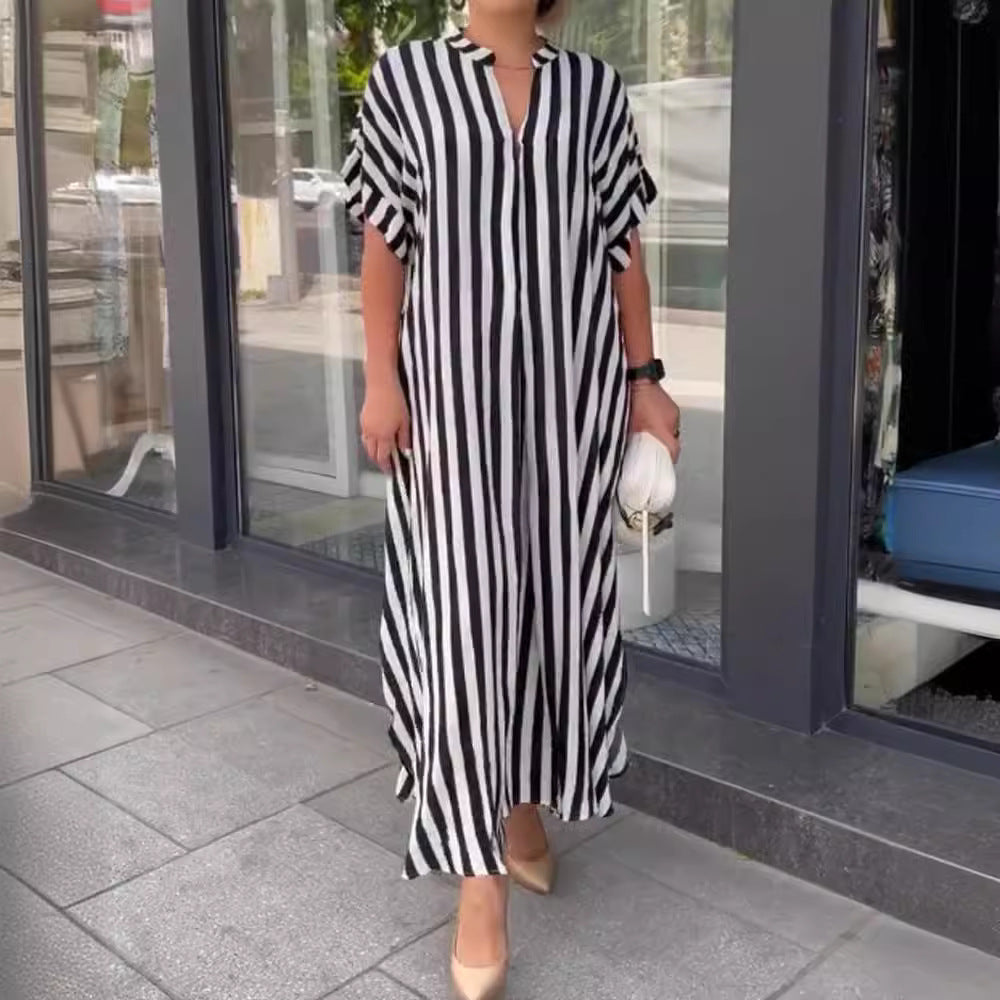 Self Designed Striped Print Spring Summer Women Split Large Swing Maxi Dress