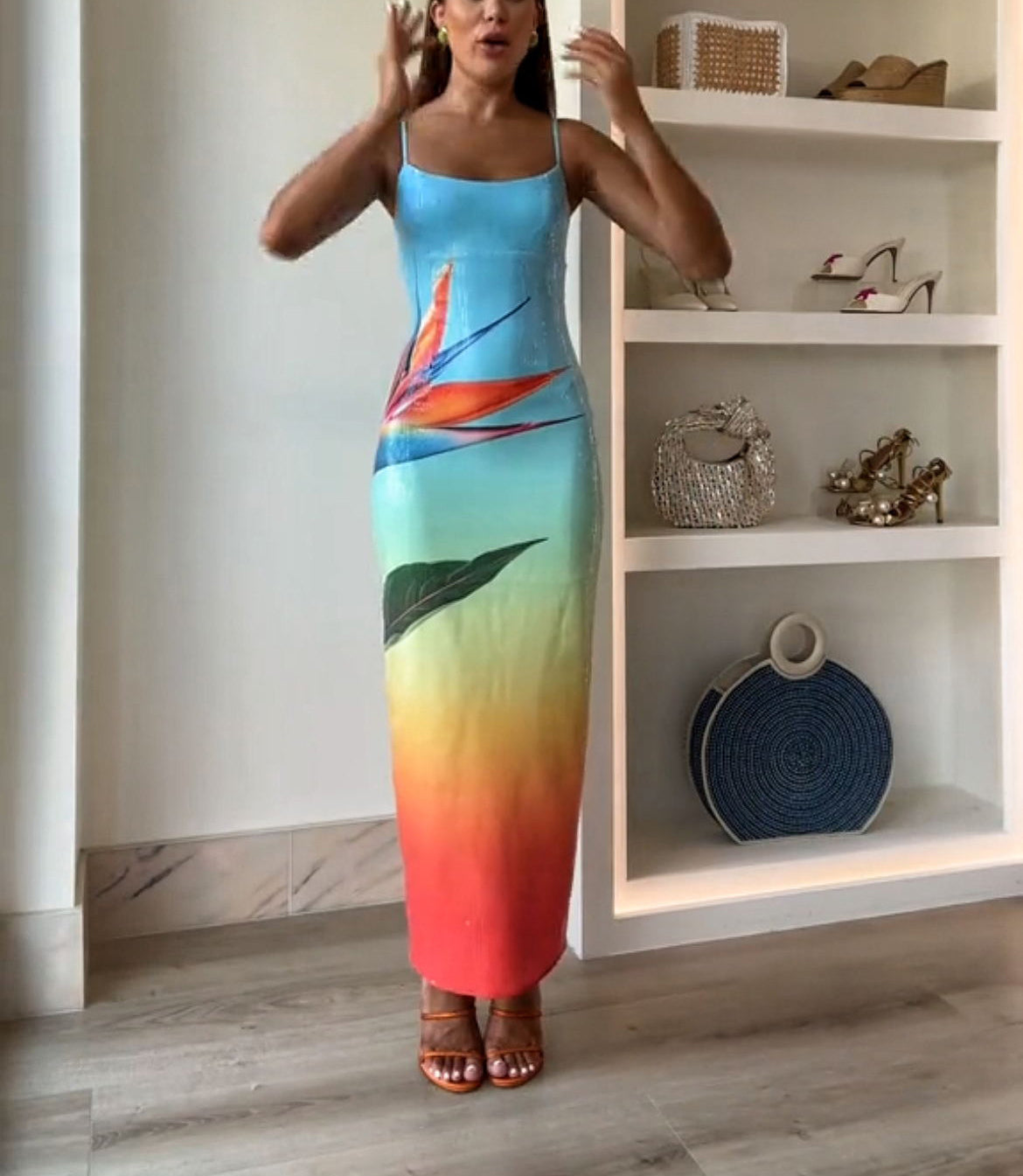 Dreamy Dreamy Sequin Unique Floral Gradient Print Slit Stretch Maxi Dress(Shipped within 24 hours)