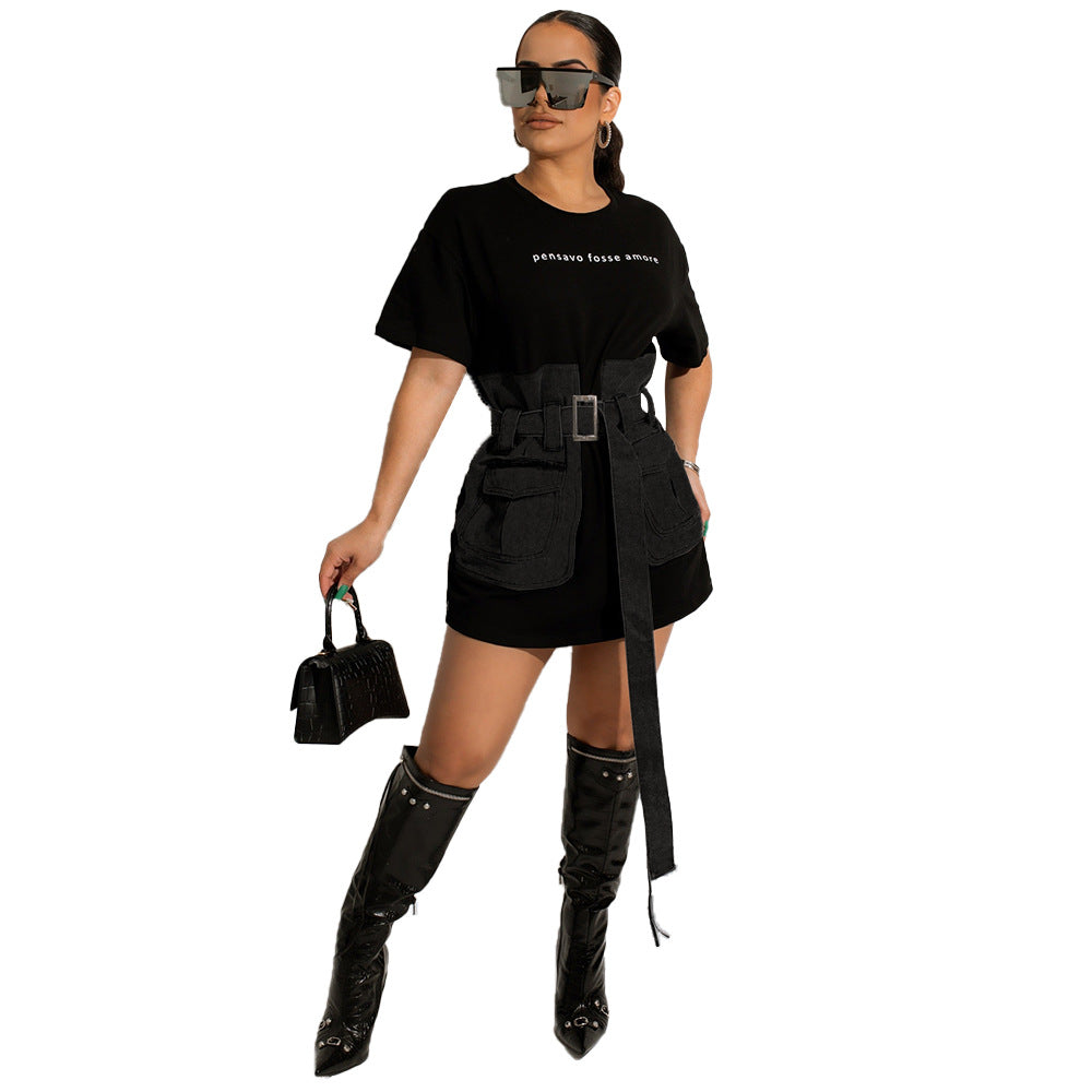 Women Clothing Denim Stitching Dress Summer Sexy Tight Waist Popular Clothes