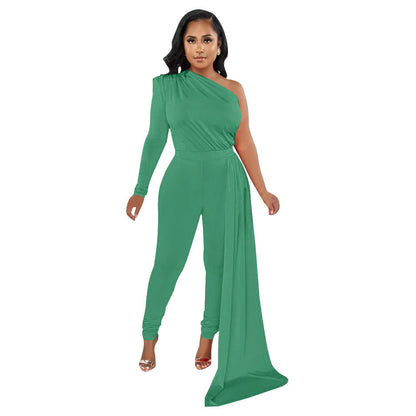 Women Autumn Pleated Shoulder Solid Color Tight Jumpsuit Women