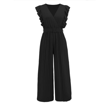 Sexy Slim Jumpsuit High Waist Sleeveless Lotus Leaf V neck Pleated Wide Leg Skort Women