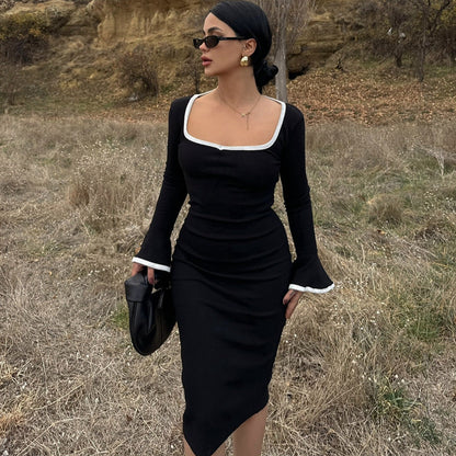 Women Clothing Winter Square Collar Contrast Color Knitted Midi Dress Bell Sleeve Sheath Dress Women