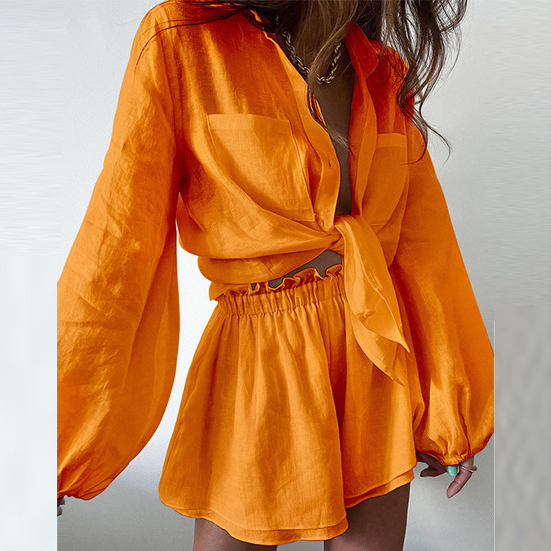2025 Summer New Women���s Casual Fashion Solid Color Ruffled Shorts Shirt Set Suit