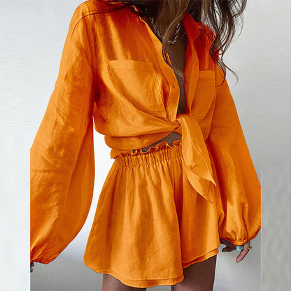 2025 Summer New Women���s Casual Fashion Solid Color Ruffled Shorts Shirt Set Suit
