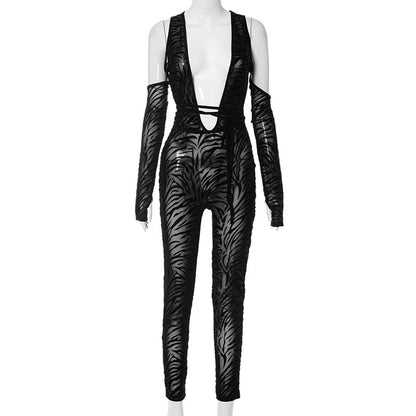 Women Clothing Autumn Winter Deep V Plunge Neck Tight Jumpsuit