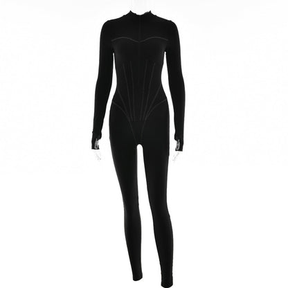 Women Clothing Sexy Tight Zipper Jumpsuit Autumn Long Sleeve round Neck Leggings