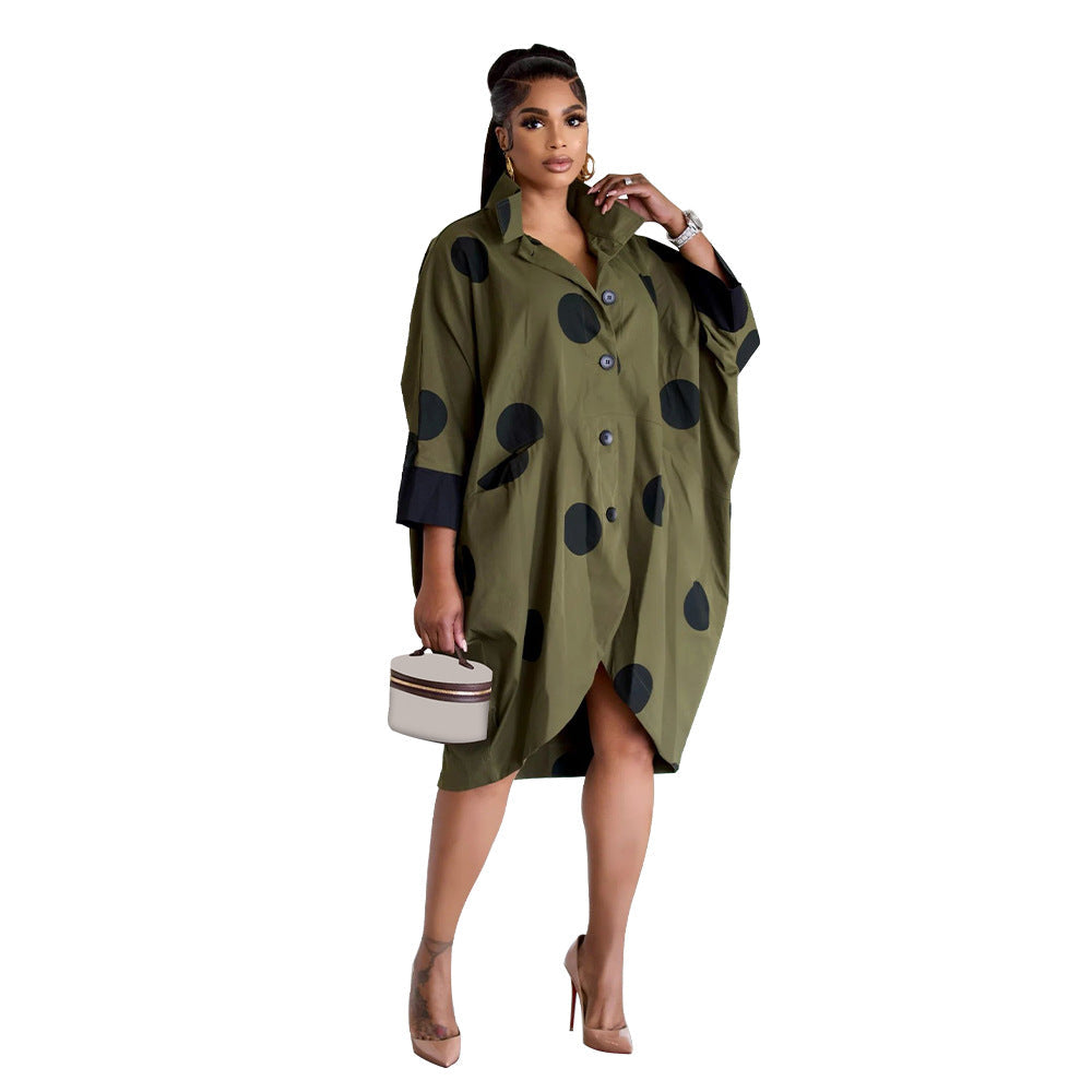 Women Clothing Supply Average Size Printed Nine Quarter Sleeve Shirt Dress Pocket Dress