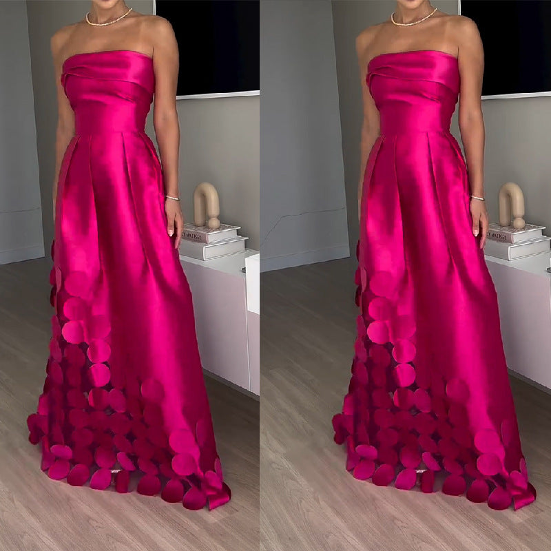 Luxurious Poise Satin Spliced mesh Polka-dot Fabric Off Shoulder Formal Maxi Dress