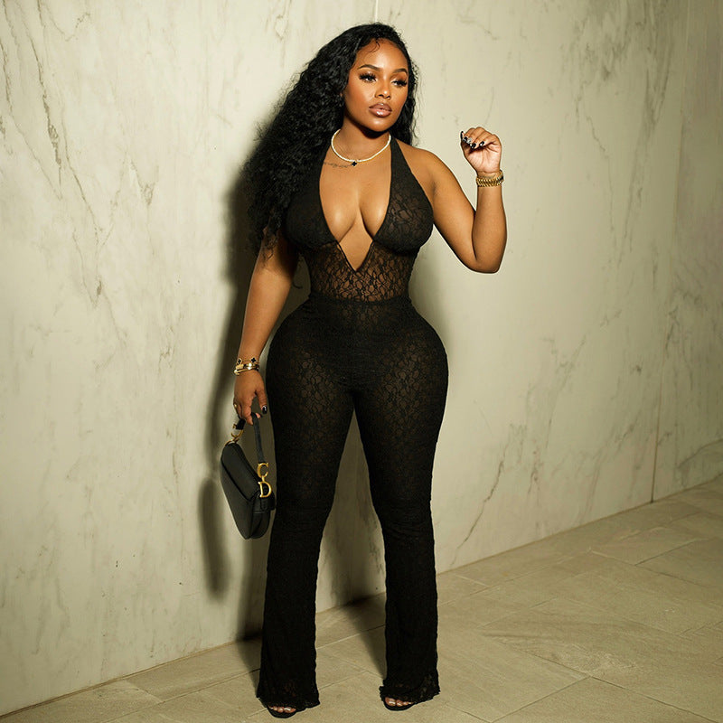 Fall Women Clothing Sexy Halter Deep V Plunge Neck Lace See Through Lace Up Backless Jumpsuit