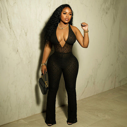 Fall Women Clothing Sexy Halter Deep V Plunge Neck Lace See Through Lace Up Backless Jumpsuit