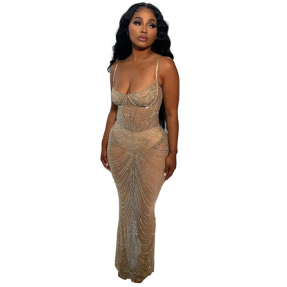 Women Wear Solid Color Mesh Drilling Sling Maxi Dress