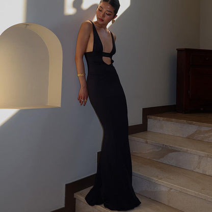 Best Seller in Sexy Deep V Plunge Patch Hollow Out Cutout Corset Maxi Dress Slim Strap Dress