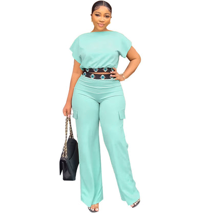 Casual Short Sleeve Coat Women Summer Solid Color All Matching Loose Straight Trousers Two Piece Set