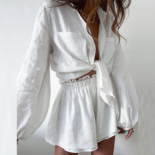 2025 Summer New Women���s Casual Fashion Solid Color Ruffled Shorts Shirt Set Suit