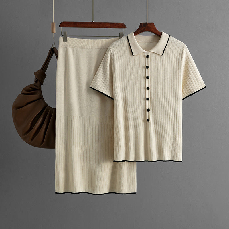 Women Clothing Elegant Knitted Skirt Set Spring Summer Polo Collar Two Piece Set