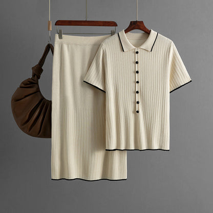 Women Clothing Elegant Knitted Skirt Set Spring Summer Polo Collar Two Piece Set