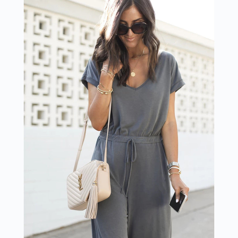 Casual Spring Summer Elastic Waist V neck Wide Leg Jumpsuit for Women