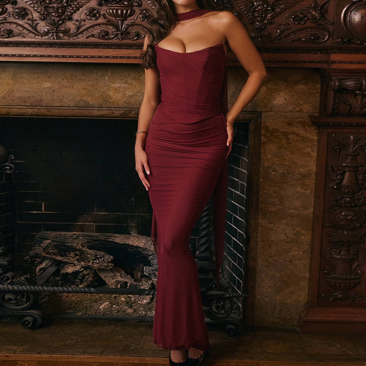Sexy Dress Boning Corset Tube Top Skinny Sheath Skirt Long Skirt Set Autumn Two-Piece Set High Grade with Scarf