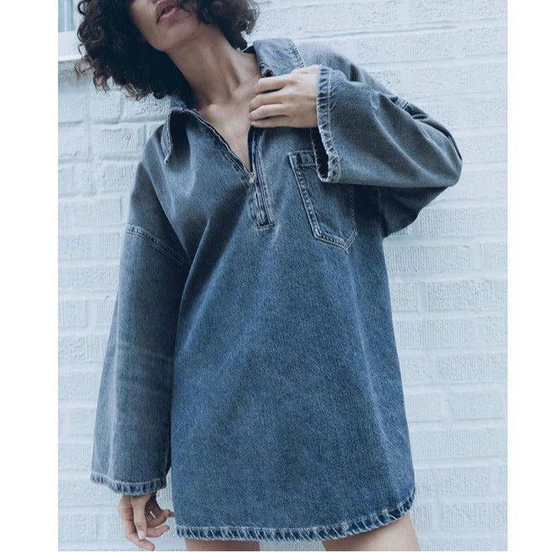 Spring Summer Collared Patch Pocket Bell Sleeve Denim Dress