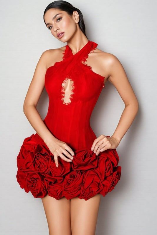 Natha Red 3D Flower Lace Mini Dress
