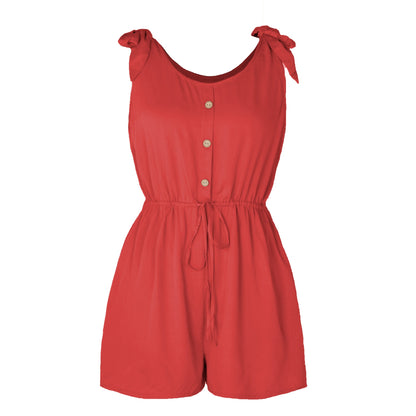 Women Coconut Buckle Sleeveless Jumpsuit Lace up Solid Color Elastic Waist Suspenders Loose Bodysuit
