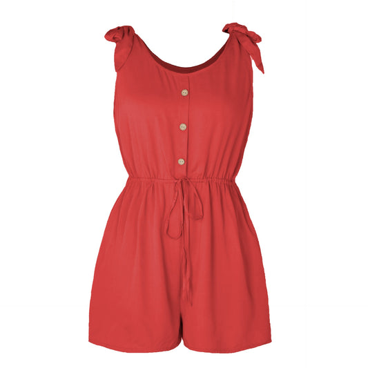 Women Coconut Buckle Sleeveless Jumpsuit Lace up Solid Color Elastic Waist Suspenders Loose Bodysuit