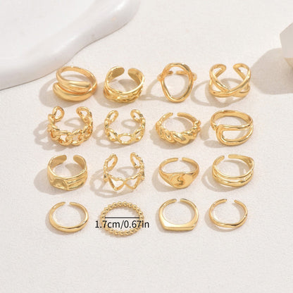 16-Piece Geometric Heart Open Ring Set