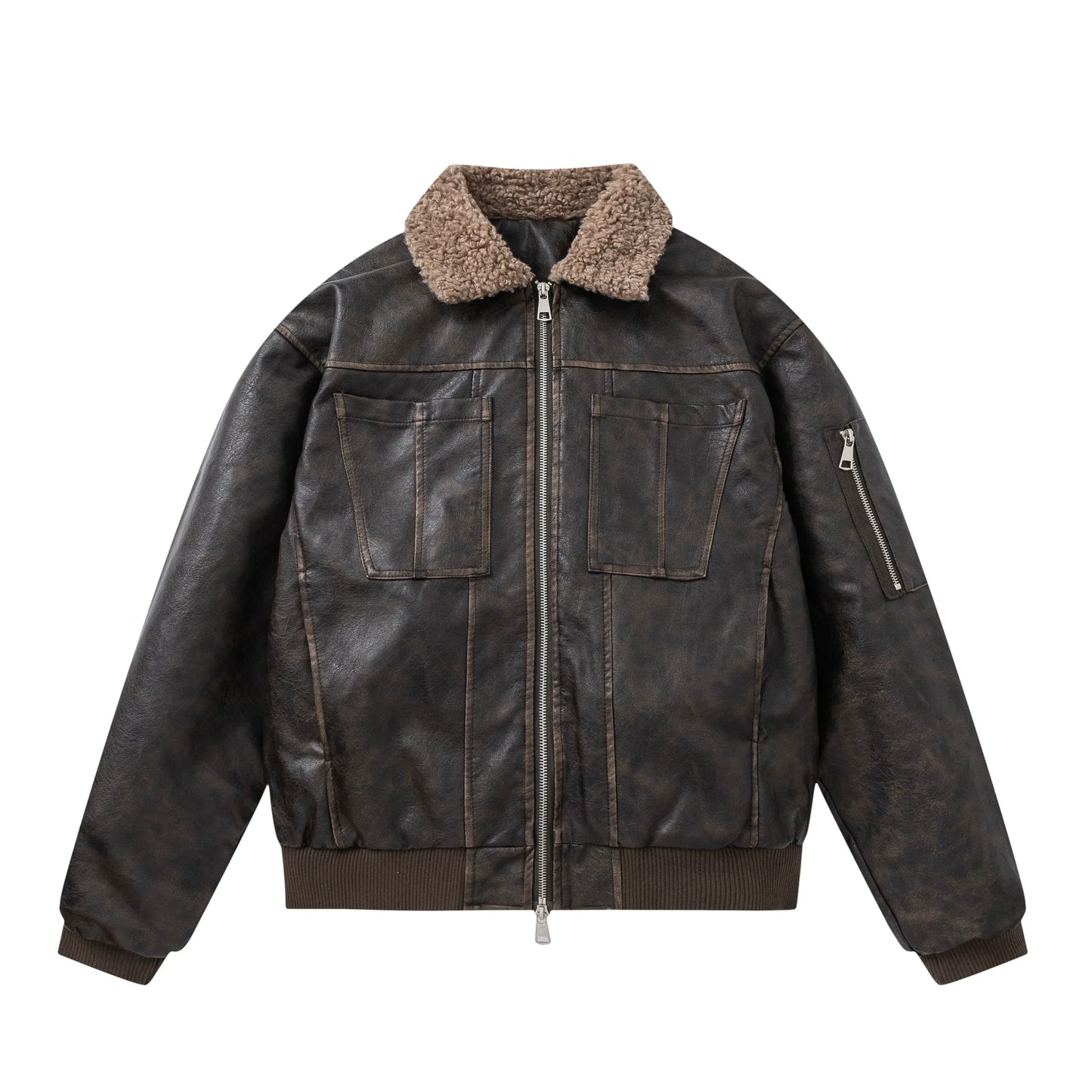 PU Leather Jacket with Lamb Wool Collar