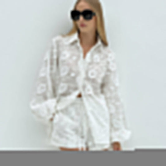 Sexy Suit Spring Autumn Cotton Embroidered Transparent Shirt High Waist Shorts