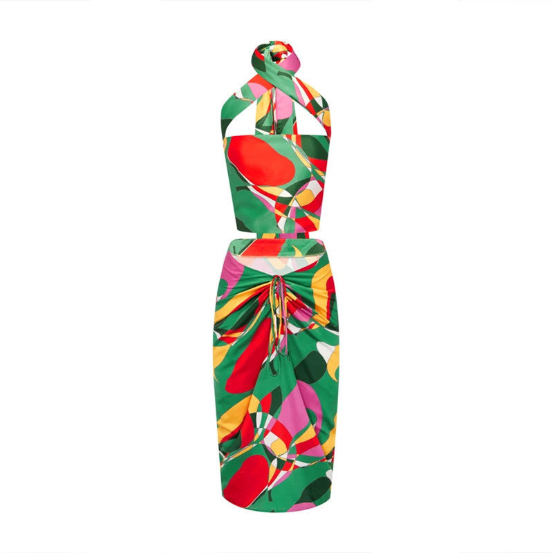 Women Clothing Tied Top Drawstring Skirt Printing Set