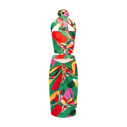 Women Clothing Tied Top Drawstring Skirt Printing Set