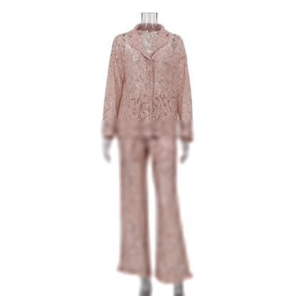 Lace See Through Two Piece Set Women Sexy Sexy Polo Collar Shirt Trousers Suit