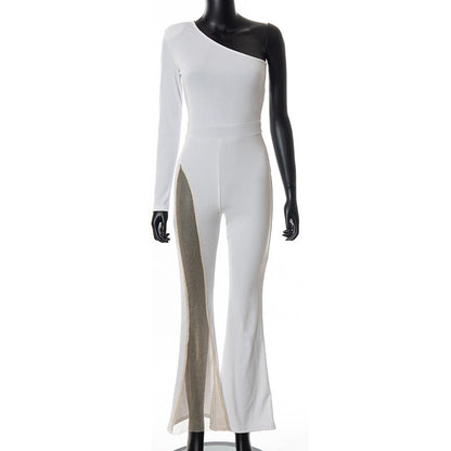 Autumn Women Clothing Solid Color Shoulder Mesh Stitching Jumpsuit