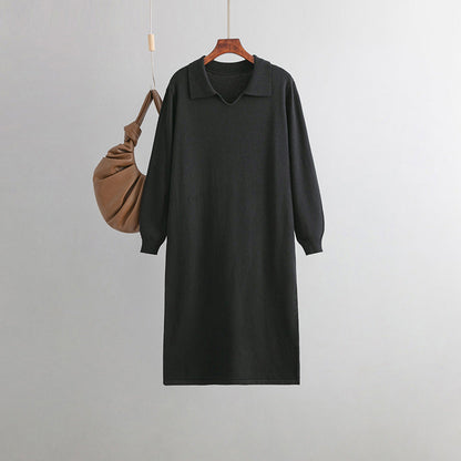 Women Clothing V neck Loose Solid Color Idle Overknee Sweater Dress Women Autumn Winter Dress