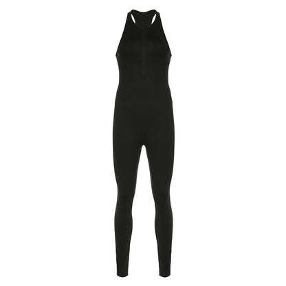 Sports Women Solid Color Yoga Pants Zipper Stitching Hollow Out Cutout Backless Tight Sleeveless One Piece Trousers