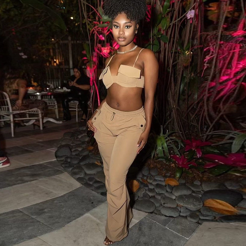 Spaghetti Straps Corset Niche Cropped Outfit Ankle Tied Trousers Drawstring Two Piece Set for Women