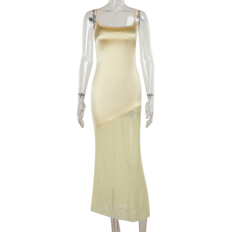 Fall Maxi Dress Classic Elegant Slim Satin Stitching Mesh Spaghetti Strap Dress