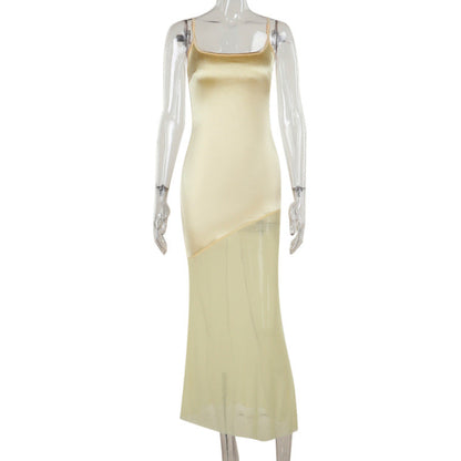 Fall Maxi Dress Classic Elegant Slim Satin Stitching Mesh Spaghetti Strap Dress