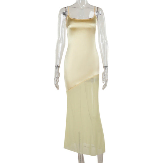 Fall Maxi Dress Classic Elegant Slim Satin Stitching Mesh Spaghetti Strap Dress