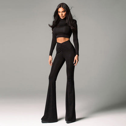 Women Clothing Summer Solid Color Padded Shoulder Long Sleeve Top High Waist Trousers Set