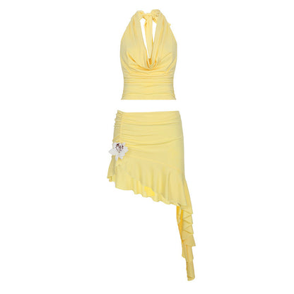 Vacation Summer Sexy Swing Collar Backless Irregular Asymmetric Three Dimensional Floral Ruffled Vest Mid Length Skirt Set