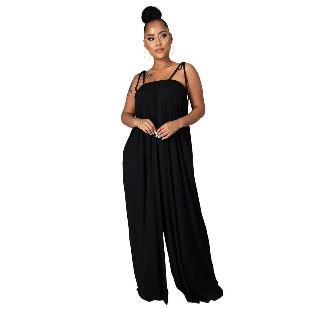 Solid Color Summer Sleeveless Waist Wrapped Chest Loose Wide Leg Women Jumpsuit