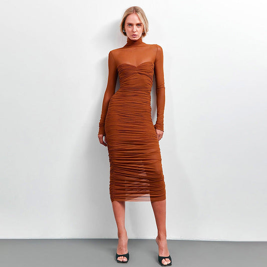 Autumn Solid Color Turtleneck Mesh Stitching Long Sleeve Sexy Sheath Pleated Dress