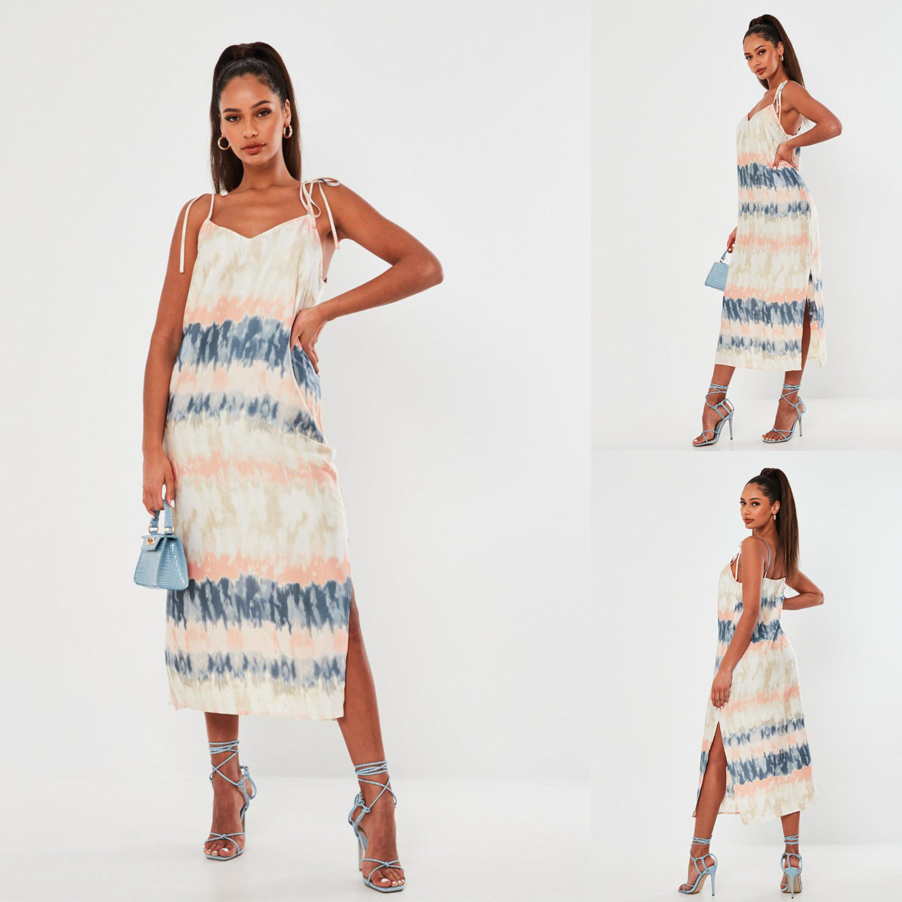 Women Clothing Suspender Split Tie-Dyed Printed Casual Maxi Dress Women