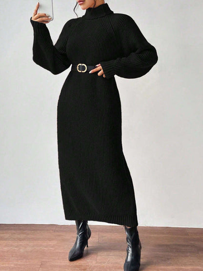 Women Clothing Woolen Pullover High Collar Long Sleeve Knitted Dress Solid Color Long Inner Wear Dress