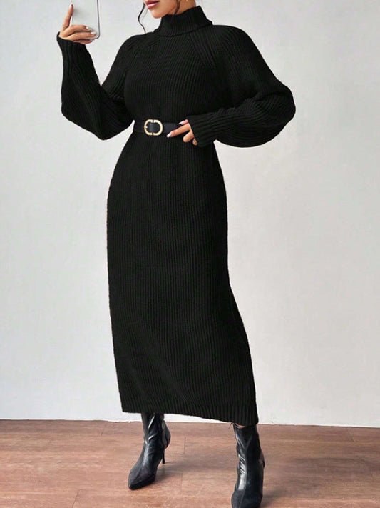 Women Clothing Woolen Pullover High Collar Long Sleeve Knitted Dress Solid Color Long Inner Wear Dress
